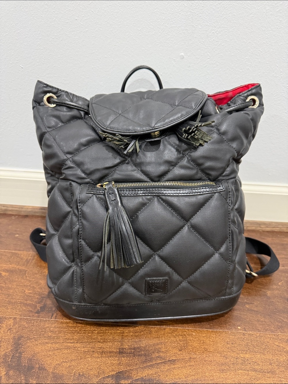 Dooney & Bourke Quilted Black Leatherette Drawstring Backpack